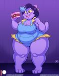  2017 4_toes anthro breasts burger cat catty_(undertale) claws cleavage clothed clothing ear_piercing eating feline female food freckles hair hi_res mammal multicolored_hair nekocrispy open_mouth overalls overweight overweight_female piercing short_hair solo toes two_tone_hair undertale video_games yellow_sclera 