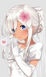  absurdres alternate_costume blue_eyes blush dress flower gloves go-1 hair_flower hair_ornament heart highres jewelry kantai_collection ribbon ring ro-500_(kantai_collection) simple_background smile solo tan tanline wedding_band wedding_dress white_dress white_hair 
