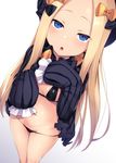  abigail_williams_(fate/grand_order) bangs bikini black_bikini blonde_hair blue_eyes bow breasts dutch_angle fate/grand_order fate_(series) foreshortening gradient gradient_background hair_bow hat highres legs_together long_hair long_sleeves looking_at_viewer lowleg lowleg_bikini parted_bangs parted_lips satou_kuuki sidelocks simple_background sleeves_past_fingers sleeves_past_wrists small_breasts solo string_bikini swimsuit very_long_hair 