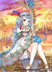  banamons bare_shoulders barefoot barefoot_sandals blue_hair braid circlet cloud cloudy_sky copyright_name dragon feathers force_of_will horns jewelry long_hair mountain necklace official_art pink_eyes pointy_ears sandals sitting sky solo twin_braids very_long_hair 