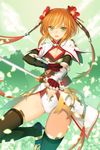 arm_guards bangs black_legwear blonde_hair brown_hair fingerless_gloves flower gloves green_eyes hair_flower hair_ornament holding holding_sword holding_weapon leotard looking_at_viewer official_art open_mouth red_flower sangoku_romance short_hair_with_long_locks sidelocks solo sword thighhighs thighs weapon white_leotard yangsion 