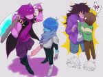  2018 anthro bracelet clothed clothing deltarune digital_media_(artwork) duo female hair hair_over_eyes harimomi holding_object holding_weapon human jacket jewelry kissing kris_(deltarune) male mammal melee_weapon reptile scalie shirt simple_background smile spiked_armlet spiked_bracelet spikes susie_(deltarune) sweater video_games weapon 