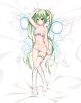  arm_at_side arm_up bangs bare_arms bare_shoulders bed_sheet bra breasts bug butterfly chestnut_mouth collarbone dakimakura eyebrows_visible_through_hair fairy_wings flower green_eyes green_hair groin hair_between_eyes hair_flower hair_ornament hatsune_miku insect long_hair lying medium_breasts navel nipples no_shoes on_back panties panty_pull parted_lips pulled_by_self purple_bra purple_panties solo thigh_strap thighhighs transparent_wings twintails underwear underwear_only very_long_hair vocaloid white_legwear wings xia_xiang_(ozicha) 