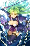  bangs breasts faulds green_hair holding holding_sword holding_weapon large_breasts long_hair official_art parted_bangs parted_lips pauldrons purple_legwear reverse_grip sangoku_romance smile solo sword thighhighs tsurime weapon yangsion yellow_eyes 