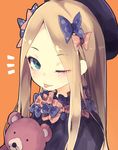  ;p abigail_williams_(fate/grand_order) bangs black_dress black_hat blonde_hair blue_eyes bow bug butterfly commentary_request dress eyebrows_visible_through_hair fate/grand_order fate_(series) hair_bow hat highres insect long_hair long_sleeves looking_at_viewer object_hug one_eye_closed orange_background orange_bow parted_bangs polka_dot polka_dot_bow purple_bow shiabisu simple_background sleeves_past_wrists solo stuffed_animal stuffed_toy teddy_bear tongue tongue_out 