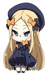  abigail_williams_(fate/grand_order) bangs black_bow black_dress black_footwear black_hat blonde_hair bloomers blue_eyes blush bow bug butterfly chibi closed_mouth dress eyebrows_visible_through_hair fate/grand_order fate_(series) full_body hair_bow hat head_tilt insect kaname_nagi long_hair long_sleeves looking_at_viewer object_hug orange_bow parted_bangs polka_dot polka_dot_bow shoes simple_background sleeves_past_wrists smile solo standing stuffed_animal stuffed_toy teddy_bear underwear very_long_hair white_background white_bloomers 