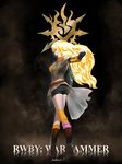  1girl ass blonde_hair boots breasts coat crossover dark_background darkbearlab fingerless_gloves fog games_workshop gloves glyph highres large_breasts legs long_hair looking_at_viewer looking_back open_mouth red_eyes rwby shiny shiny_hair shiny_skin short_shorts shorts sideboob smile solo steam thighhighs very_long_hair warhammer warhammer_40k yang_xiao_long 