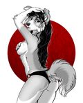  2017 black_hair breasts butt canine clothed clothing collie dog etuix female fur grey_fur hair long_hair looking_at_viewer mammal open_mouth panties raised_tail red_eyes side_boob skimpy topless underwear watermark 
