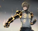  black_sclera blonde_hair clenched_hands closed_mouth collared_shirt cyborg earrings fighting_stance frown genos glowing grey_background hair_between_eyes haoni jewelry male_focus mechanical_arm one-punch_man pants shirt solo sparks standing v-shaped_eyebrows white_shirt yellow_eyes 