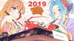  2girls aqua_hair blue_eyes blush food granblue_fantasy long_hair orange_hair ponytail princess_connect! tagme_(character) utahane_w watermark 