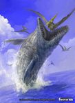  copyright_name day douzen fangs force_of_will mosasaurus no_humans official_art open_mouth prehistoric_animal pteranodon pterosaur sky solo tongue tongue_out water wings 
