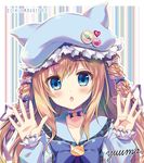  animal_hat badge bangs beret blue_bow blue_eyes blue_hat blue_neckwear blue_shirt blush bow bowtie braid brown_hair button_badge cat chestnut_mouth choker collarbone commentary_request eyebrows_visible_through_hair fingernails hair_between_eyes hair_bow hair_ribbon hat head_tilt long_sleeves looking_at_viewer mizuki_yuuma original parted_lips partial_commentary puffy_long_sleeves puffy_sleeves purple_bow purple_ribbon ribbon shirt sidelocks solo striped striped_background twin_braids vertical-striped_background vertical_stripes white_choker 