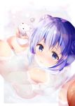  back-to-back bangs bathing blue_eyes blush bunny closed_mouth commentary_request eyebrows_visible_through_hair from_above gochuumon_wa_usagi_desu_ka? hair_between_eyes highres kafuu_chino light_blue_hair long_hair looking_at_viewer nose_blush nude partially_submerged petals petals_on_liquid rouka_(akatyann) solo squiggle water wet 