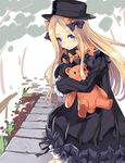  abigail_williams_(fate/grand_order) absurdres black_bow black_dress black_hat blonde_hair blue_eyes blush bow dress fate/grand_order fate_(series) hair_bow hat highres long_hair long_sleeves normaland object_hug orange_bow sleeves_past_wrists smile solo stuffed_animal stuffed_toy teddy_bear very_long_hair 
