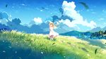  ahoge arm_up blonde_hair blue_sky blush bush cloud commentary_request day dress field grass green_eyes hand_in_hair highres leaf long_hair looking_away mountain original outdoors parted_lips scenery sky solo standing sundress white_dress wide_shot wind xia_xiang_(ozicha) 