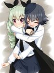  2girls anchovy black_hair blush drill_hair eyes_closed girls_und_panzer green_hair hug multiple_girls pepperoni_(girls_und_panzer) red_eyes ruka_(piyopiyopu) twintails 