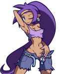  2018 5_fingers ;p average-hanzo belt blue_eyes blush breasts capcom cleavage clitoris clothed clothing dark_skin ear_piercing female fingers genie hair humanoid long_hair looking_at_viewer mammal navel no_underwear not_furry one_eye_closed piercing pointy_ears ponytail portrait purple_hair pussy shantae shantae_(series) shirt shorts simple_background skull_earrings smile solo standing sweat sweatdrop three-quarter_portrait tongue tongue_out video_games wayforward white_background 