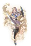  absurdres armor bangs blonde_hair blue_eyes boots braid breasts cleavage collarbone dress duplicate full_body hair_ornament highres holding holding_sword holding_weapon kawano_takuji large_breasts laurel_crown long_hair official_art shield short_dress shoulder_pads simple_background single_braid skirt solo sophitia_alexandra soulcalibur soulcalibur_vi standing sword thigh_boots thighhighs very_long_hair weapon zettai_ryouiki 