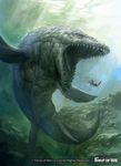  douzen fangs force_of_will mosasaurus no_humans official_art open_mouth prehistoric_animal sea_turtle solo tongue tongue_out turtle underwater 