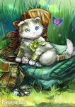  bag_removed blue_eyes boots boots_removed bug butterfly cat cat_focus copyright_name day force_of_will grass green_eyes heterochromia insect jewelry kitten komamitsu necklace no_humans official_art outdoors solo 