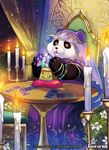  blue_eyes candle card copyright_name crystal curtains fire flower force_of_will furry gem jewelry leaf lipstick makeup matsurika_youko necklace official_art panda sitting tarot veil 