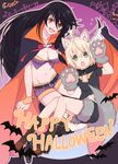  1girl absurdres ahoge animal_ears bandaged_arm bandages bell bell_choker black_hair blonde_hair cape choker commentary_request fangs gloves green_eyes halloween_costume highres laphicet_(tales) long_hair open_mouth paw_gloves paws sayame short_hair tail tales_of_(series) tales_of_berseria velvet_crowe yellow_eyes 
