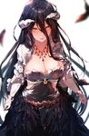  albedo alternate_costume black_hair blurry breasts cleavage demon_girl demon_horns depth_of_field feathers highres horns hplay jewelry large_breasts long_hair looking_at_viewer necklace overlord_(maruyama) parted_lips smile solo yellow_eyes 