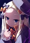  abigail_williams_(fate/grand_order) bangs black_bow black_dress black_hat blonde_hair blue_eyes bow closed_mouth commentary_request dress fate/grand_order fate_(series) hand_up hat long_hair long_sleeves looking_at_viewer nicoby orange_bow parted_bangs polka_dot polka_dot_bow purple_background simple_background sleeves_past_wrists solo 