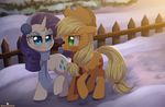  2017 applejack_(mlp) blonde_hair blue_eyes blush cowboy_hat cutie_mark duo earmuffs earth_pony equine eye_contact eyelashes eyeshadow female fence feral friendship_is_magic green_eyes hair hat hooves horn horse long_hair makeup mammal momomistress my_little_pony pony purple_hair rarity_(mlp) scarf smile unicorn 