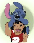  &lt;3 2017 4_fingers 5_fingers alien bangs black_eyes black_hair blue_claws blue_fur blue_nose brown_eyes carrying claws clothed clothing digital_drawing_(artwork) digital_media_(artwork) disney duo experiment_(species) fur green_background hair head_tuft hi_res human lilo_and_stitch lilo_pelekai long_hair looking_at_viewer mammal muumuu no_sclera notched_ear on_shoulders open_mouth open_smile simple_background smile stitch tap0330 toe_claws waving 