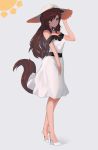  2017 animal_humanoid breasts brown_fur brown_hair canid canid_humanoid canine canine_humanoid clothing dress ehrrr female fluffy fluffy_tail footwear fur hair hat high_heels humanoid imaizumi_kagerou long_hair looking_at_viewer mammal red_eyes shoes smile solo standing sun touhou wolf_humanoid 