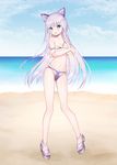  absurdres beach bikini blue_eyes blue_sky cloud day full_body highres kenja_no_deshi_wo_nanoru_kenja lavender_hair long_hair looking_at_viewer mira_(kenja) open_mouth outdoors sky solo standing strap_slip swimsuit tttanggvl water 