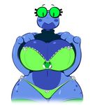  2017 amphibian anthro averyshadydolphin big_breasts blue_countershading blue_markings blue_skin bra breasts clothed clothing clothing_lift countershade_face countershade_torso countershading digital_media_(artwork) eyelashes eyewear female frog glasses green_bra green_eyes green_panties huge_breasts looking_at_viewer markings midriff navel panties ribbons ribrib shirt shirt_lift simple_background skimpy smile solo sweater sweater_lift thick_thighs underwear white_background wide_hips 