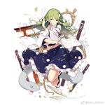  artist_name blue_skirt danmaku detached_sleeves frilled_skirt frills frog_hair_ornament full_body gohei green_eyes green_hair hair_ornament hair_tubes kochiya_sanae leaf long_hair looking_at_viewer midriff miniskirt navel ofuda onbashira oonusa sam_ashton sandals shide simple_background skirt smile snake snake_hair_ornament solo tabi torii touhou watermark weibo_logo weibo_username white_background white_legwear wing_collar 