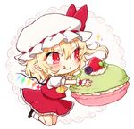  ascot black_footwear blonde_hair bow chibi closed_mouth flandre_scarlet food full_body hat hat_bow holding honotai kneeling licking_lips long_hair macaron miniskirt mob_cap pointy_ears red_bow red_eyes red_skirt shoes simple_background skirt skirt_set smile socks solo tongue tongue_out touhou white_background white_hat white_legwear wings wrist_cuffs 