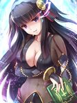  aura black_hair bodystocking book breasts cleavage commentary_request covered_navel eyebrows_visible_through_hair fire_emblem fire_emblem_heroes fire_emblem_if highres large_breasts looking_at_viewer navel purple_eyes smile solo stomach syalla_(fire_emblem_if) tayashitsu toned upper_body 