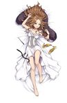  annette_grace arm_up barefoot blue_eyes bracelet breasts brown_hair cleavage dress full_body fur_scarf highres jewelry jewelry_removed knife long_hair looking_at_viewer lying medium_breasts necklace necklace_removed official_art on_back parted_lips princess_principal princess_principal_game_of_mission shoes_removed throwing_knife transparent_background weapon white_dress yellow_footwear 