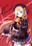  abigail_williams_(fate/grand_order) bangs black_bow black_dress black_hat blonde_hair blue_eyes bow chain cowboy_shot dress fate/grand_order fate_(series) hair_bow hat holding holding_stuffed_animal long_hair looking_at_viewer orange_bow parted_bangs polka_dot polka_dot_bow red_background sleeves_past_fingers sleeves_past_wrists solo stuffed_animal stuffed_toy teddy_bear very_long_hair xiao_yung_lin 