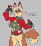  anthro big_breasts bottomless breasts brown_fur christmas christmas_sweater clitoris clothed clothing commentary crybringer female friday_(crybringer) fur grey_eyes hair holidays long_tail pussy short_hair silver_hair snout solo sweater turtleneck 