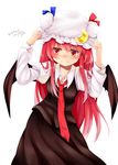  artist_name black_skirt black_wings blue_ribbon blush chikuwa_savi closed_mouth commentary_request crescent crescent_moon_pin demon_wings hands_up hat hat_ribbon highres koakuma long_hair long_sleeves necktie red_eyes red_hair red_neckwear red_ribbon ribbon simple_background skirt skirt_set smile solo touhou twitter_username white_background white_hat wing_collar wings 