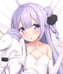  :o absurdres ahoge azur_lane bangs bare_shoulders bed_sheet black_ribbon blush breasts collarbone criss-cross_halter dress elbow_gloves eyebrows_visible_through_hair gloves hair_between_eyes hair_bun hair_ribbon halterneck hands_up head_tilt highres karutamo long_hair looking_at_viewer lying object_hug on_back one_side_up parted_lips purple_eyes purple_hair ribbon side_bun small_breasts solo stuffed_alicorn stuffed_animal stuffed_toy unicorn_(azur_lane) very_long_hair white_dress white_gloves 