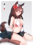  2017 absurd_res animal_humanoid black_underwear blush boots breasts brown_fur canid canid_humanoid canine canine_humanoid choker clothing ehrrr female fluffy fluffy_tail footwear fur hair_ornament hi_res humanoid imaizumi_kagerou inner_ear_fluff jacket kneeling mammal navel red_eyes slit_pupils solo touhou underwear undressing white_fur wolf_humanoid 