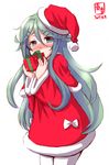  artist_logo blush box commentary_request covering_mouth cowboy_shot dated dress gift gift_box green_eyes green_hair hair_between_eyes hair_ornament hairclip hat highres holding holding_gift kanon_(kurogane_knights) kantai_collection long_hair looking_at_viewer pantyhose red_dress santa_costume santa_hat simple_background solo western white_background white_legwear yamakaze_(kantai_collection) 