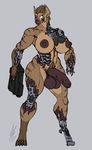  2017 anthro areola big_breasts big_penis body_hair bone breasts brown_fur dickgirl fur green_eyes gun hair happy_trail hyena intersex latricia machine mammal muscular muscular_dickgirl muscular_intersex nude penis ranged_weapon red_eyes skeleton solo striped_hyena talynn thick_thighs weapon wide_hips 
