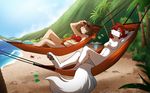  16:10 2017 alcohol anthro arthropod beach beverage bikini breasts brown_hair canine casual_nudity chest_tuft clothed clothing crab crustacean detailed_background digitigrade duo eyes_closed eyewear featureless_breasts female fur glass hair hair_over_eye hammock hands_behind_head hi_res human keidran levitation lounging lying magic mammal marine nude on_back palm_tree pawpads red_hair relaxing roselyn_(twokinds) saria_legacy seaside skimpy smile sunbathing sunglasses swimsuit tom_fischbach tray tree tuft twokinds webcomic white_fur wolf 