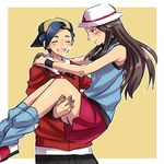  1boy 1girl backwards_hat baseball_cap black_hair blue_(pokemon) brown_background carrying embarrassed eyes_closed gold_(pokemon) hat long_hair long_sleeves pokemon pokemon_(game) pokemon_frlg pokemon_hgss princess_carry shirt short_hair skirt sleeveless sleeveless_shirt socks sun_hat 