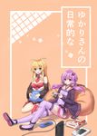 absurdres bean_bag_chair blonde_hair blush breasts character_name cleavage closed_mouth controller eyebrows_visible_through_hair food game_console game_controller green_eyes highres hopepe large_breasts long_hair looking_away multiple_girls necktie orange_background parted_lips pocky purple_eyes purple_hair purple_legwear red_legwear red_neckwear seiza short_hair_with_long_locks sidelocks sitting smile thighhighs translation_request tsurumaki_maki vocaloid voiceroid wii_u yuzuki_yukari 