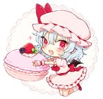  ascot blush bow chibi fang food full_body hair_between_eyes hat hat_bow holding honotai kneeling light_blue_hair looking_at_viewer macaron mob_cap open_mouth pink_hat pink_skirt pointy_ears puffy_short_sleeves puffy_sleeves red_bow red_eyes red_footwear remilia_scarlet sash shoes short_sleeves simple_background skirt skirt_set smile solo touhou white_background wrist_cuffs 