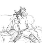  anthro black_and_white blush canine crutch cute dog equine eyes_closed female hair happy hladilnik male mammal michelle_(hladilnik) monochrome romantic_couple scratching smile sofa sound_effects zebra zebra_son_(hladilnik) 