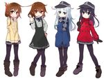  akatsuki_(kantai_collection) alternate_costume anchor_symbol argyle argyle_scarf arm_at_side arms_behind_back bangs black_gloves black_hat black_legwear black_skirt blue_coat blue_eyes blue_hair blush boots brown_eyes brown_footwear brown_gloves brown_hair clenched_hand closed_mouth coat commentary_request dress eyebrows_visible_through_hair fingernails flat_cap flying_sweatdrops folded_ponytail gloves green_dress grey_scarf hair_between_eyes hair_ornament hairclip hand_on_hip hand_up hat hibiki_(kantai_collection) ikazuchi_(kantai_collection) inazuma_(kantai_collection) kantai_collection long_hair long_sleeves looking_at_viewer multiple_girls own_hands_together pantyhose pleated_skirt purple_eyes purple_hair red_coat scarf shirt simple_background skirt smile standing v_arms white_background white_shirt yellow_coat yoru_nai 